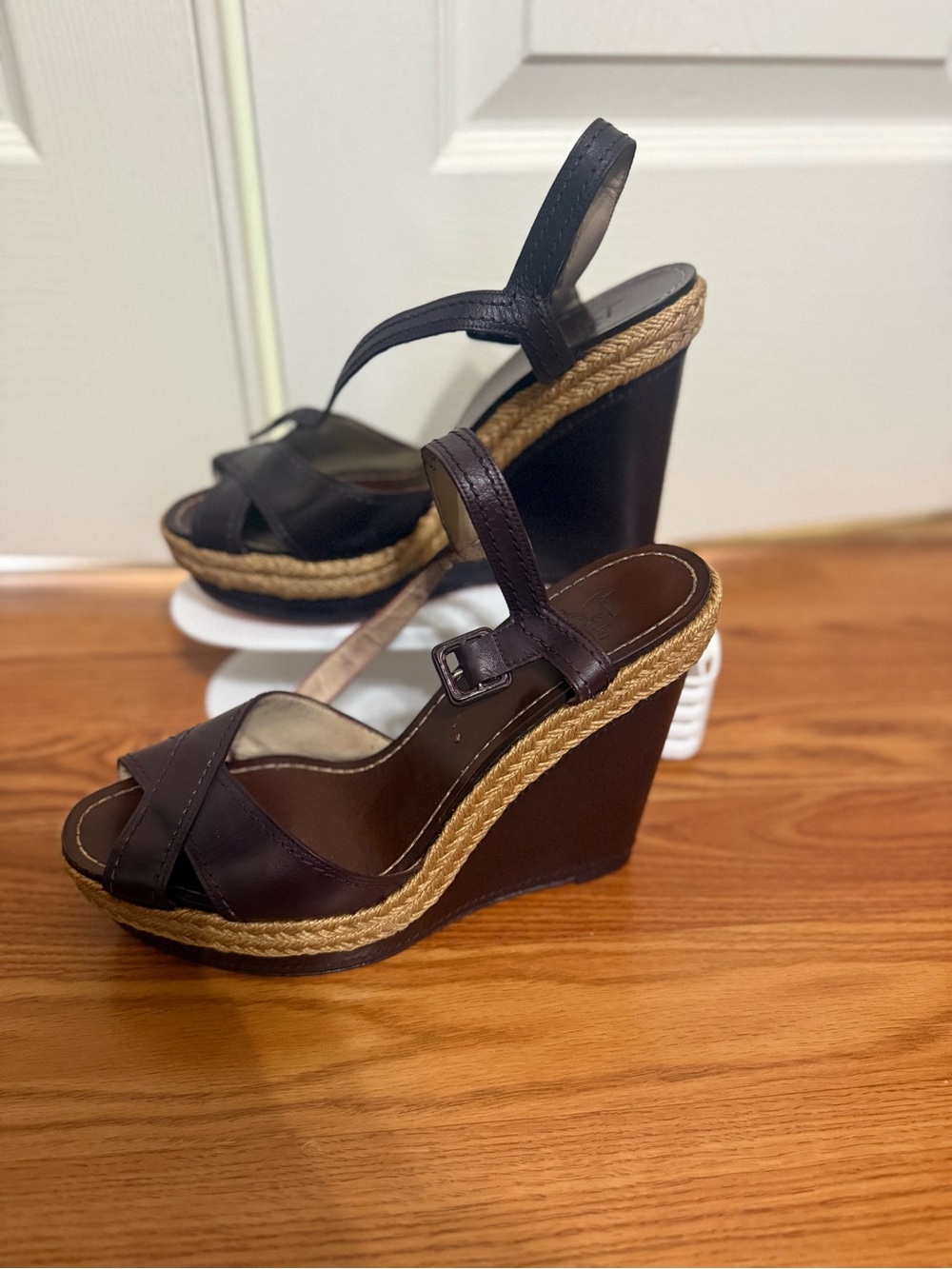 Christian Louboutin Dark Brown Leather Wedge Sandals with Rope Trim